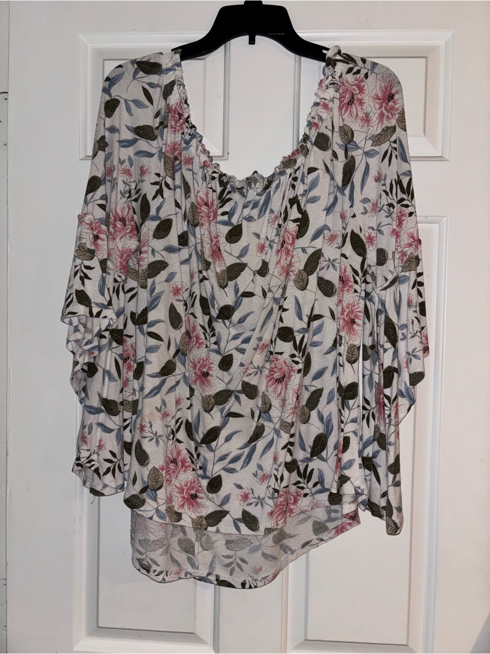 Time and Tru White Floral Peasant Top with Pink & Green Print